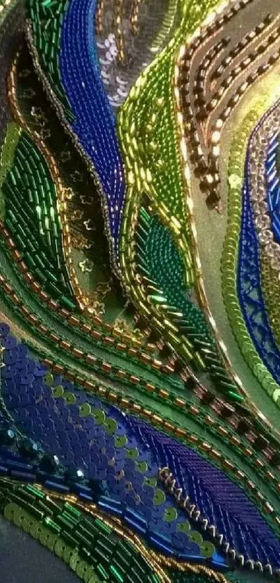 Abstract flowing blue and green waves with intricate details.