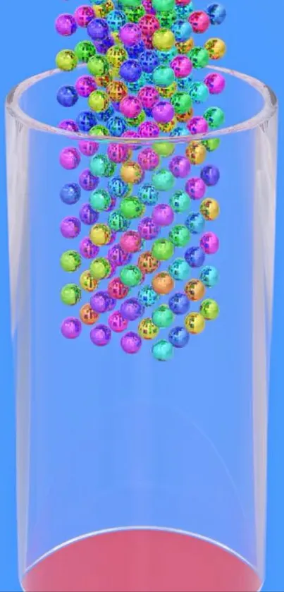 Colorful beads cascading into a clear glass on a blue background.