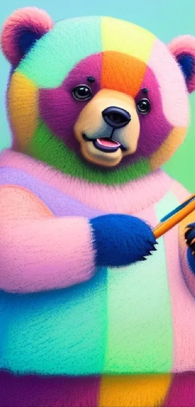 Multicolored bear holding a paintbrush on a vibrant wallpaper.