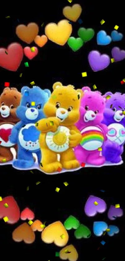 Colorful cartoon bears with hearts on black background.