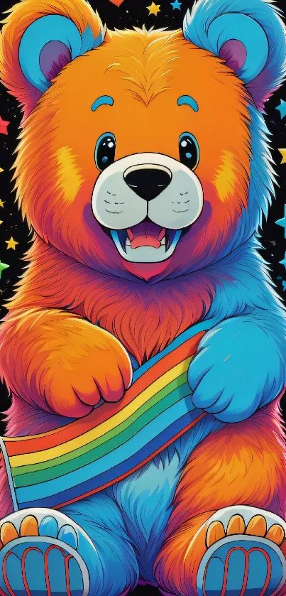 Cartoon bear holding rainbow with stars and bright colors.