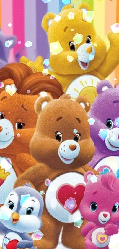 Cheerful cartoon bears with rainbow background in a mobile wallpaper.