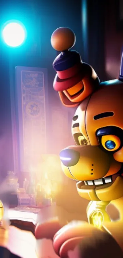 Colorful bear character with neon glow in wallpaper.