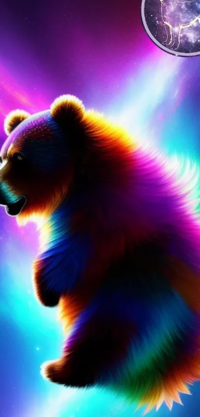 Rainbow-colored bear with galaxy backdrop mobile wallpaper.