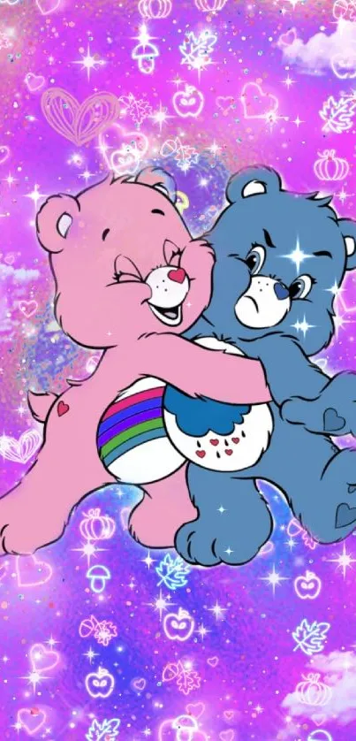 Colorful cartoon bear hug on pink sky background.