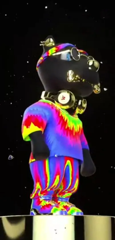 A colorful bear statue wearing neon attire stands against a starry black space background.