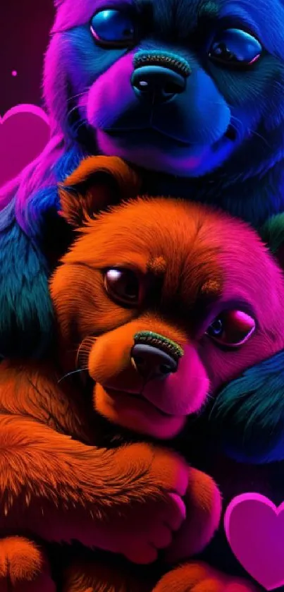 Colorful bear wallpaper with hearts and neon hues.