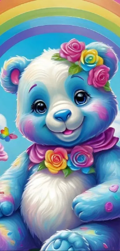 Adorable blue teddy bear under a bright rainbow.