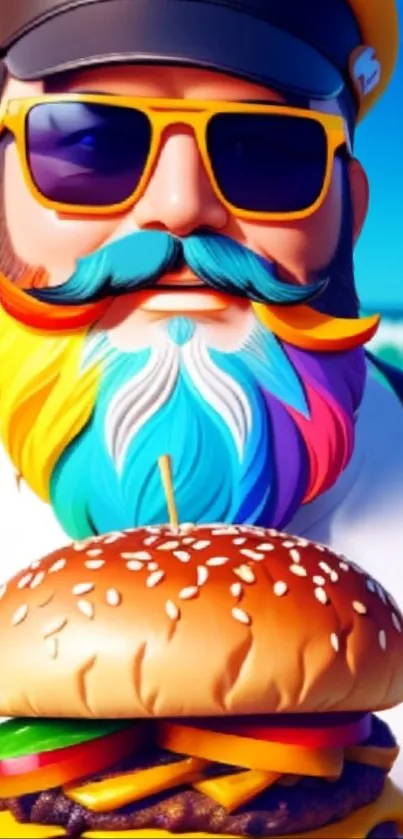 Colorful bearded man with burger and sunglasses on a lively blue background.