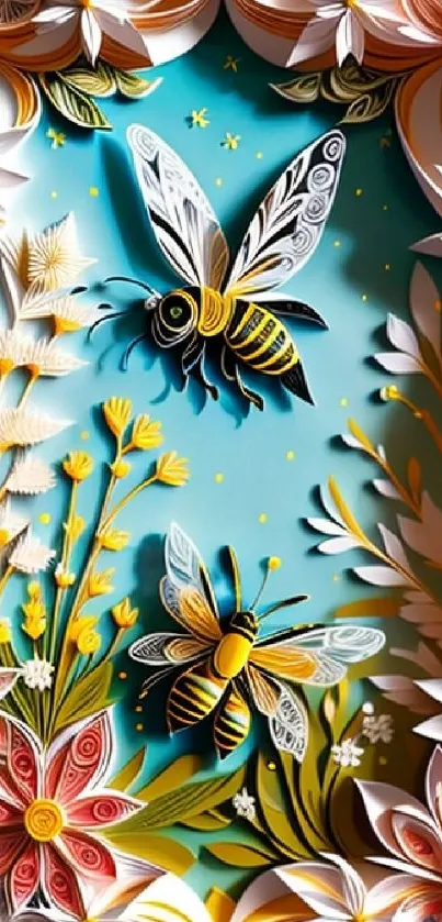 Vibrant quilled bee and floral art design for mobile wallpaper.