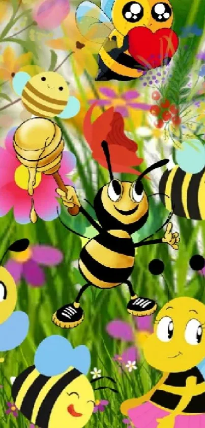 Colorful cartoon bees with flowers and greenery background.