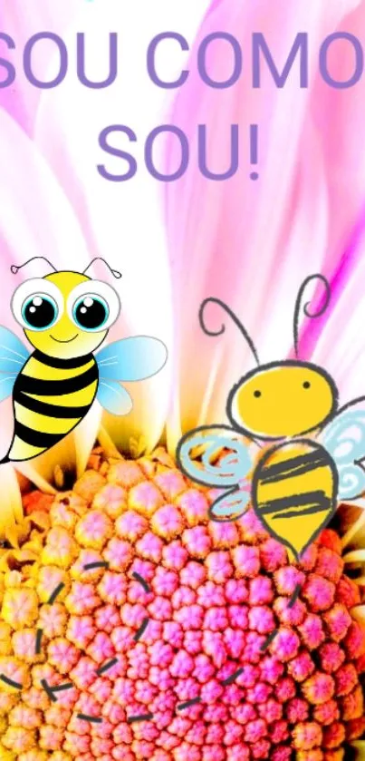 Colorful bee and flower design with cute characters and text.