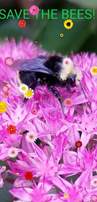 Bee on vibrant pink flowers with 'Save the Bees' text.