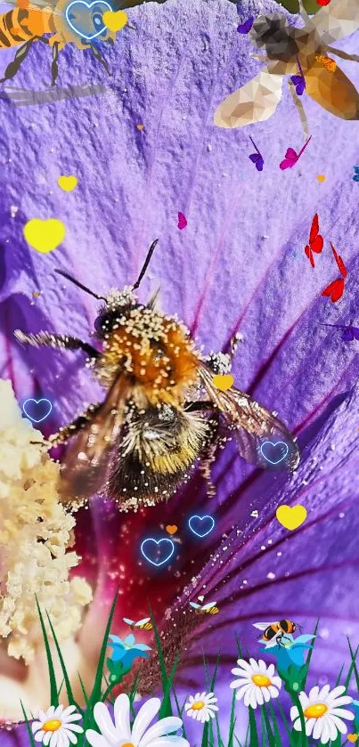 Bee on a vibrant purple flower with cartoon elements in a colorful wallpaper design.
