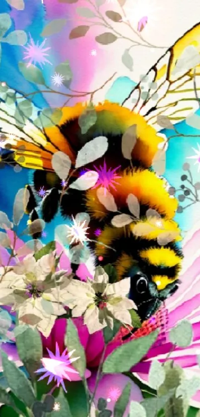 Artistic wallpaper of a colorful bee on a vibrant flower.