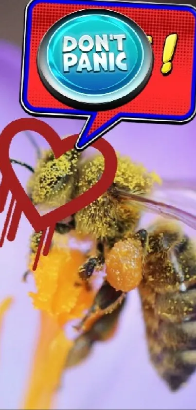 Vibrant wallpaper of bee on purple flower with whimsical sign.