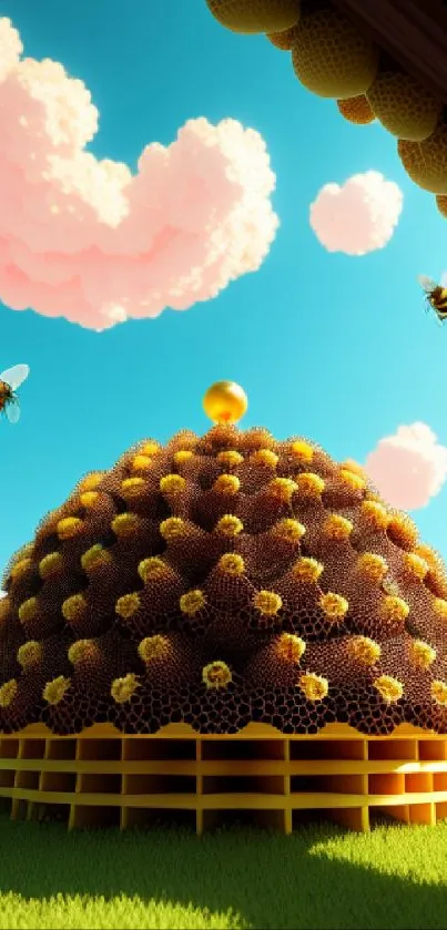 A colorful beehive with bees against a bright sky and pink clouds.