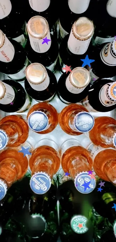 Vibrant beer bottle arrangement with colorful caps and mixed brands.