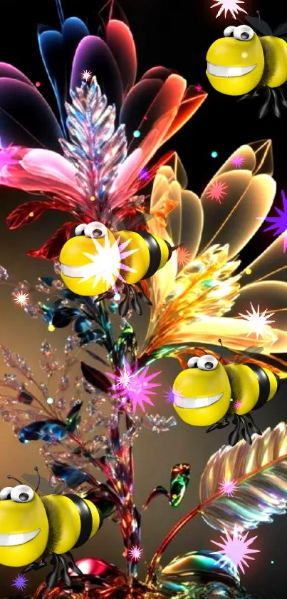 Vibrant 3D bees on colorful floral background wallpaper.