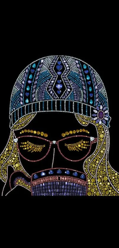 Woman in bejeweled design sipping coffee on black background.