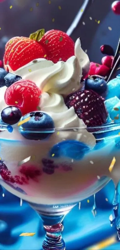 Mobile wallpaper of a colorful berries dessert in a glass cup.