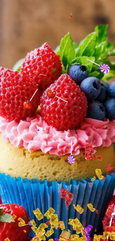 Vibrant cupcake with berries and mint, perfect for phones.