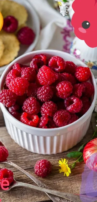 Vibrant wallpaper with raspberries and flowers in a ceramic bowl.