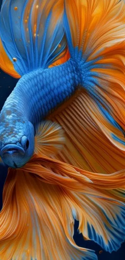A vibrant Betta fish with blue and orange fins against a dark background.
