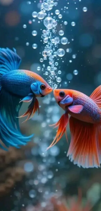 Two colorful Betta fish in a vibrant underwater scene.