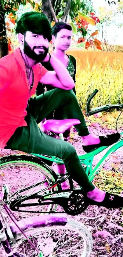 Two friends on bicycles in a colorful field.