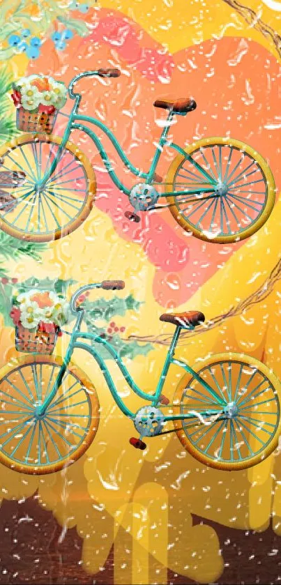 Turquoise bicycles on vibrant orange wallpaper with floral decorations.