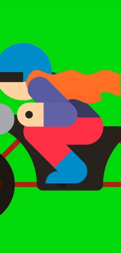 Colorful biker illustration on a green background.