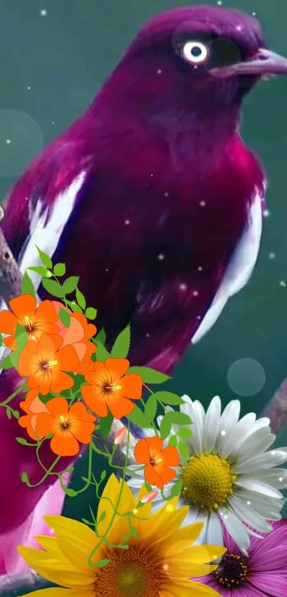 Vibrant wallpaper with a purple bird and colorful flowers.