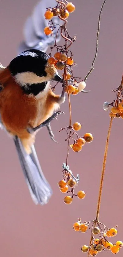 Vibrant bird in flight with berries against an orange backdrop.