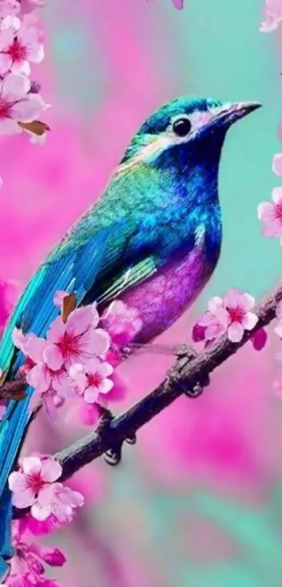 Vibrant bird perched on cherry blossoms, colorful background.