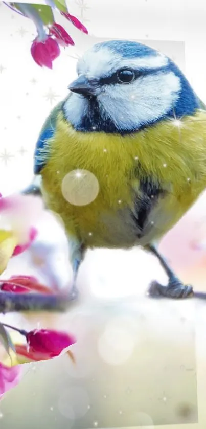 Colorful bird perched among vibrant blossoms with a soft focus background.