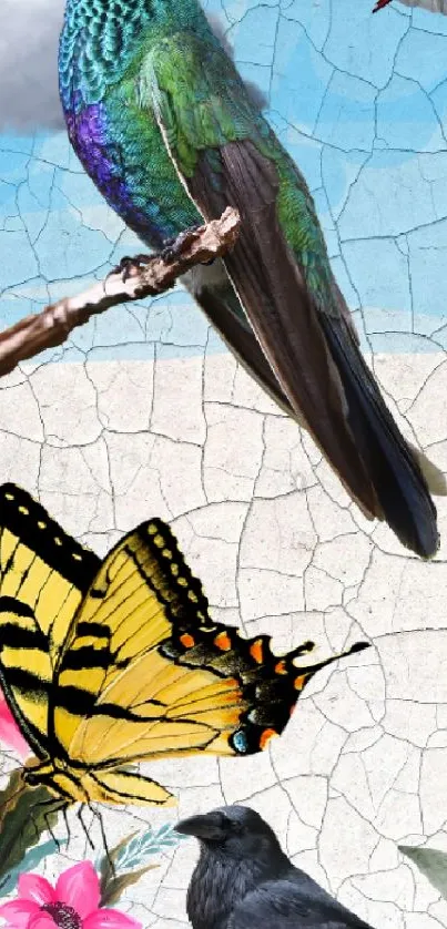 Colorful hummingbird and butterfly amidst flowers on a vibrant sky background.