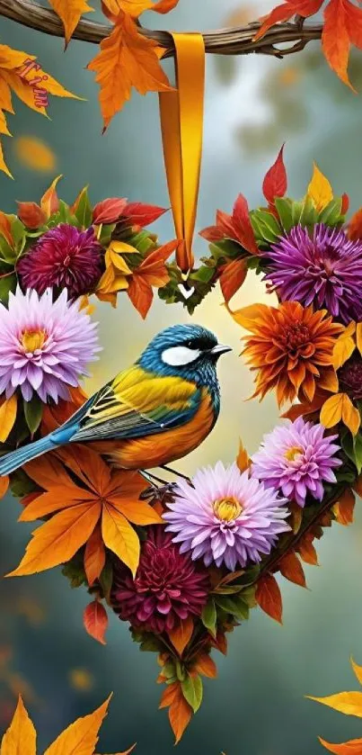 Colorful bird in heart-shaped floral arrangement with autumn leaves