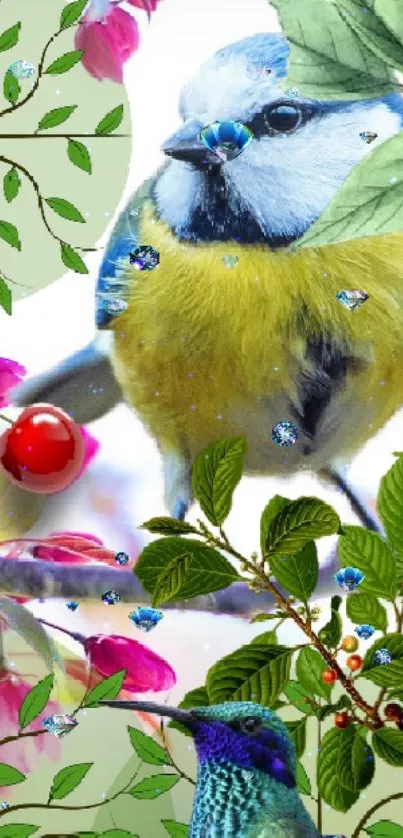 Colorful bird and flowers wallpaper for mobile phone.