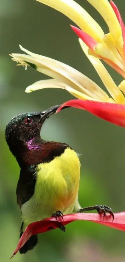 Vibrant bird perched on colorful flowers in nature.