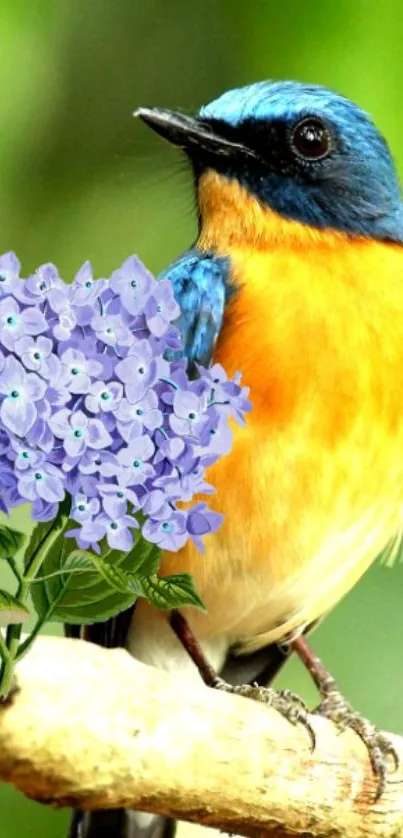 A colorful bird with purple flowers in nature.