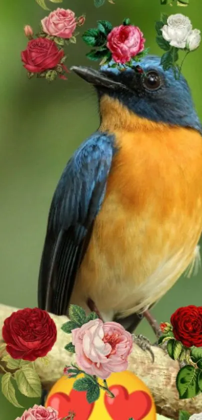 Vibrant bird with floral crown on a green background.