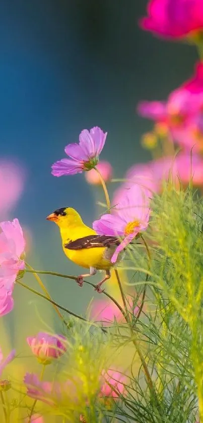 Yellow bird among pink flowers with greenery.