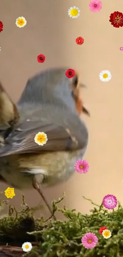 Colorful bird and flowers on a mossy branch mobile wallpaper.