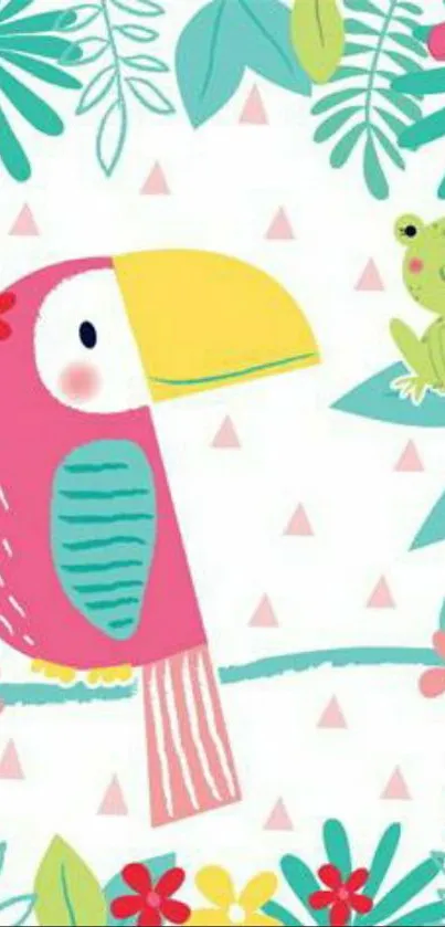 Cartoon bird and frog on vibrant tropical wallpaper.