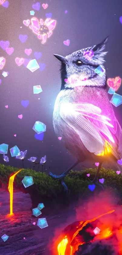 Majestic bird with luminous wings amid lava flows and mystical lights.