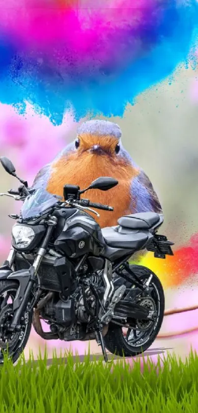 Colorful bird on motorcycle with vibrant background.