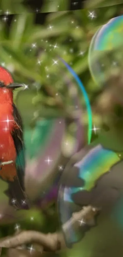 Colorful bird with rainbow bubbles and sparkles in nature setting.