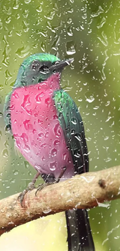 Vibrant bird with raindrop effect on green background.