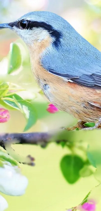 Colorful bird perched on a blossoming branch in nature.